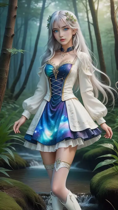 ((forest)),(Galaxy),(stream),((wetland:1.3)),(((White border:1.5))),
((best quality)), ((masterpiece)), ((ultra-detailed)), (illustration), (detailed light), (an extremely delicate and beautiful),
incredibly_absurdres,
((forest)),(Galaxy),(stream),((wetland:1.3)),(((White border:1.5))),
(1girl:1.7),solo,a beautiful girl,(((full body shot))),standding,(+perfect hand+:1.21),((Hosiery)),((galaxy and jewelry adorns beautiful colorful dress+stocking+knee boots):1.7),((duffel coat)),((Belts)),(leg loops),(((long white hair))),(((beautiful blue eyes))),
((forest)),(Galaxy),(stream),((wetland:1.3)),(((White border:1.5)))