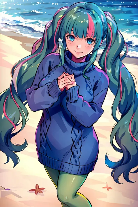 (extremely detailed CG unity 8k wallpaper), (best quality), (ultra-detailed), 1girl <lora:amamedoi:0.8>, amamecasual long sweater blue sweater turtleneck green pantyhose, streaked hair, blunt bangs, beach background, smiling, twintails, blue eyes