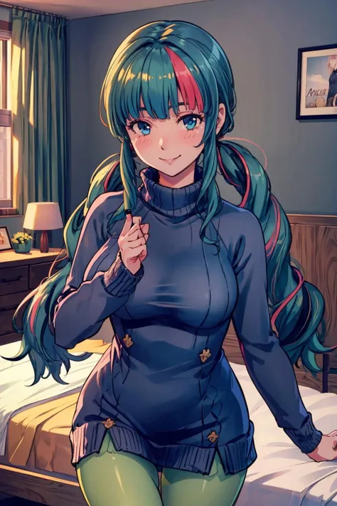 (extremely detailed CG unity 8k wallpaper), (best quality), (ultra-detailed), 1girl <lora:amamedoi:0.7>, amamecasual, streaked hair, blunt bangs, bedroom background, smiling, twintails, blue sweater, turtleneck, green pantyhose, blue eyes