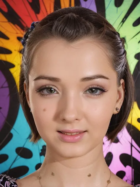 <lora:luciewilde:0.8> luciewilde face, trippy pop art, portrait, 1940's hairdo, headshot, formal hairstyle, flirty, parted lips, (looking at viewer)