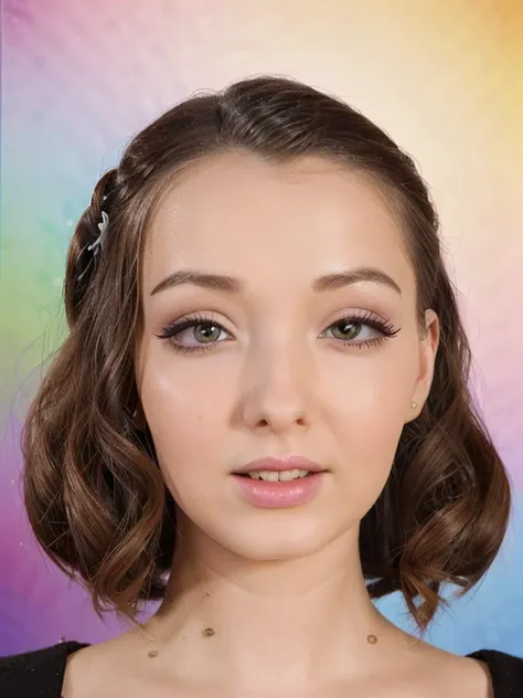 <lora:luciewilde:0.8> luciewilde face, trippy pop art, portrait, 1940's hairdo, headshot, formal hairstyle, flirty, parted lips, (looking at viewer)