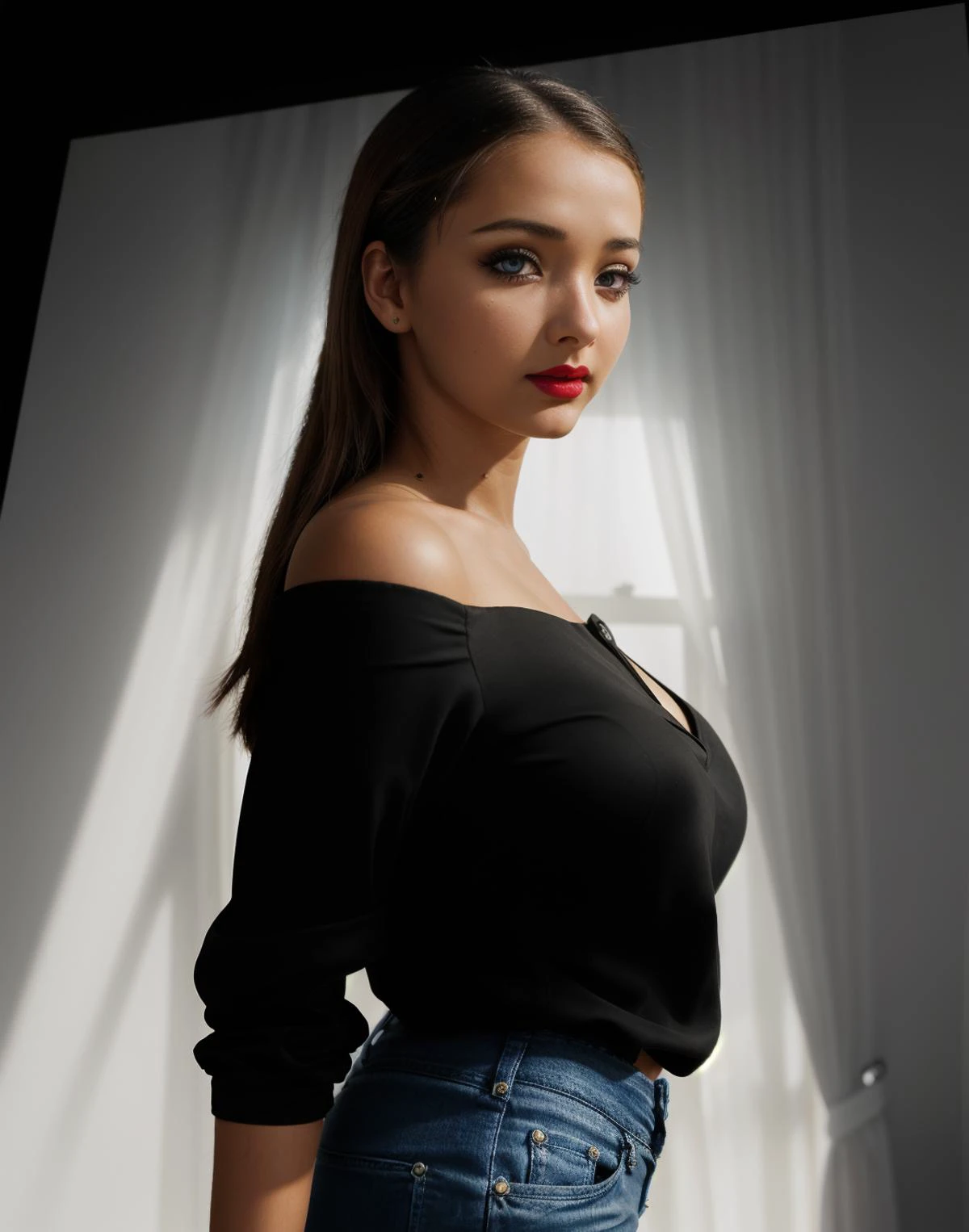 <lora:luciewilde:0.7>luciewilde, HDR photo of beautiful young woman, from behind, looking over her shoulder, perfect eyes, highly detailed beautiful expressive eyes, detailed eyes, fair complexion, light makeup, light colored lipstick, gorgeous off the shoulder blouse, standing in a very dark room, large windows in the background . High dynamic range, vivid, rich details, clear shadows and highlights, realistic, intense, enhanced contrast, highly detailed
