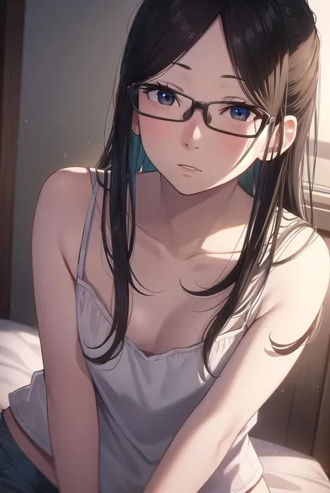 sachinanjou, <lora:sachi nanjou manga-lora-nochekaiser:1>,
sachi nanjou, black hair, (black eyes:1.5), glasses, (forehead:1.2), long hair,
BREAK camisole, bare shoulders, collarbone, shorts, denim,
BREAK indoors, bed,
BREAK looking at viewer, (cowboy shot:1.5),
BREAK <lyco:GoodHands-beta2:1>, (masterpiece:1.2), best quality, high resolution, unity 8k wallpaper, (illustration:0.8), (beautiful detailed eyes:1.6), extremely detailed face, perfect lighting, extremely detailed CG, (perfect hands, perfect anatomy),