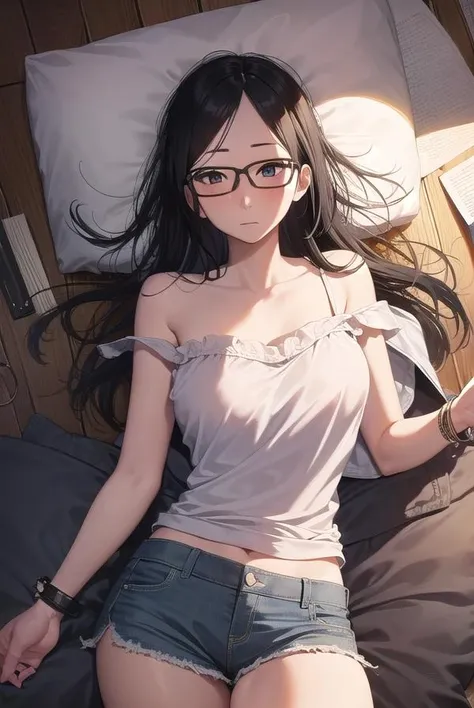 sachinanjou, <lora:sachi nanjou manga-lora-nochekaiser:1>,
sachi nanjou, black hair, (black eyes:1.5), glasses, (forehead:1.2), long hair,
BREAK camisole, bare shoulders, collarbone, shorts, denim,
BREAK indoors, bed,
BREAK looking at viewer, (cowboy shot:1.5),
BREAK <lyco:GoodHands-beta2:1>, (masterpiece:1.2), best quality, high resolution, unity 8k wallpaper, (illustration:0.8), (beautiful detailed eyes:1.6), extremely detailed face, perfect lighting, extremely detailed CG, (perfect hands, perfect anatomy),