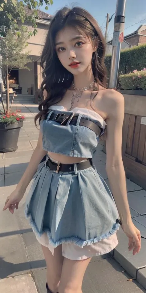 jeans_lure_clothing,realistic, photorealistic, masterpiece, extremely detailed, best quality,kneehighs, full body, 1girl, solo, black hair, light smile, looking at viewer, garden, standing , perfect body, medium breast, night, dramatic lighting, <lora:jeans_lure_clothing:0.75>