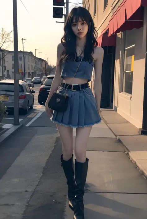 realistic, photorealistic, masterpiece, incredibly absurdres, extremely detailed, best quality, jeans_lure_clothing, high heel boots, 1girl, solo, blunt bangs, looking at viewer, full body, long black hair, in street, standing , dramatic lighting, dusk <lora:jeans_lure_clothing:0.85>