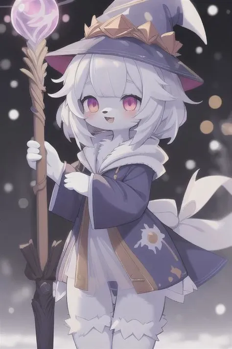 anime, cute furry girl, wizard hat, robe, thigh-highs, holding ancient staff, happy, midnight, bloom, ambient occlusion, glow, glowing lights, light particles, transparent, translucent, bokeh, depth of field, snow, wind