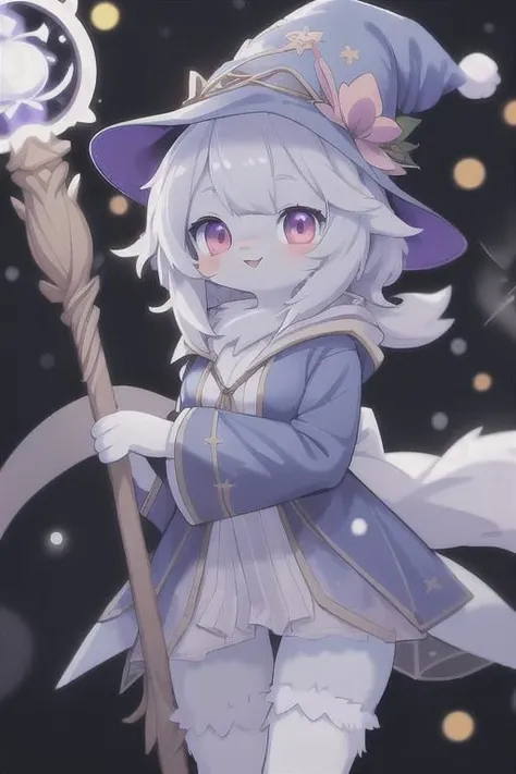 anime, cute furry girl, wizard hat, robe, thigh-highs, holding ancient staff, happy, midnight, bloom, ambient occlusion, glow, glowing lights, light particles, transparent, translucent, bokeh, depth of field, snow, wind