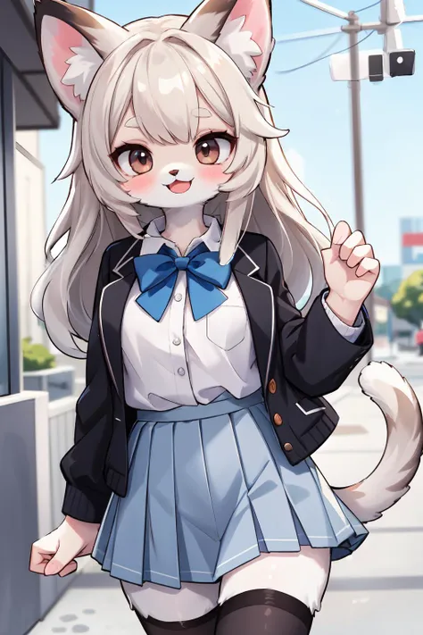 ((masterpiece, best quality)), (furry female, furry cat girl:1.3), (tail), animal ears,
1girl, bangs, blazer, blurry, blurry_background, blush, bow, brown_eyes, brown_hair, brown_legwear, buttons, day, eyebrows_visible_through_hair, fingernails, hand_up, jacket, lips, long_hair, long_sleeves, looking_at_viewer, open_mouth, outdoors, pleated_skirt, school_uniform, shiny, shiny_clothes, shiny_hair, skirt, smile, solo, striped, thighhighs, zettai_ryouiki