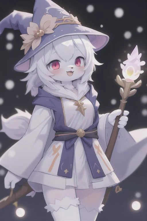 anime, cute furry girl, wizard hat, robe, thigh-highs, holding ancient staff, happy, midnight, bloom, ambient occlusion, glow, glowing lights, light particles, transparent, translucent, bokeh, depth of field, snow, wind