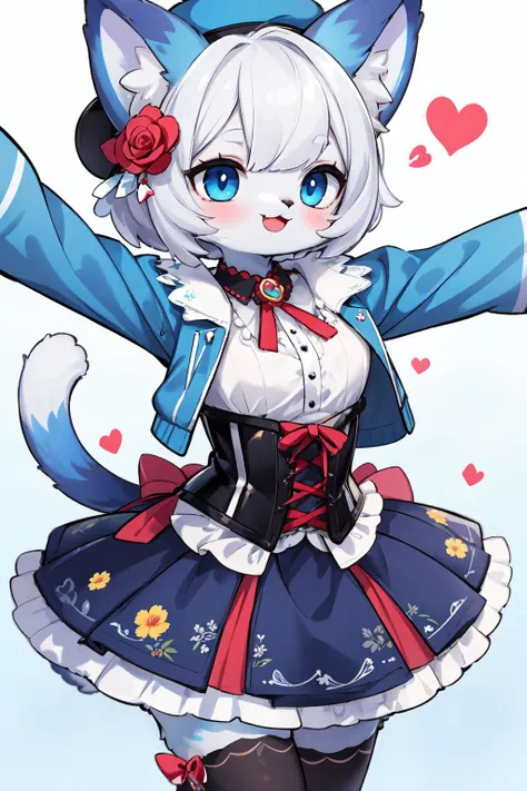 ((masterpiece, best quality)), (furry female, furry cat girl:1.3), (tail), animal ears,
1girl, aqua_eyes, blue_flower, blue_rose, blush, corset, embellished_costume, floral_print, flower, hair_ribbon, hat, hat_flower, heart, heart_of_string, incoming_hug, light_particles, open_mouth, outstretched_arms, red_flower, red_rose, ribbon, rose, shirt, short_hair, silver_hair, skirt, smile, solo, thighhighs, third_eye, zettai_ryouiki