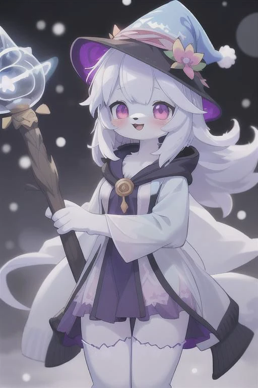 anime, cute furry girl, wizard hat, robe, thigh-highs, holding ancient staff, happy, midnight, bloom, ambient occlusion, glow, glowing lights, light particles, transparent, translucent, bokeh, depth of field, snow, wind
