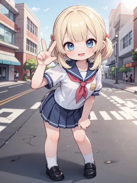 looking at viewer,clear sky,summer,sun,
1girl,cheerful,smile,open mouth,gyaru,
gold hair,low twintails,blunt bangs,blue eyes,
(school uniform:1.2),short short sleeves,short skirt,in city,peace sign,
cowboy shot,standing,leaning against,full body,