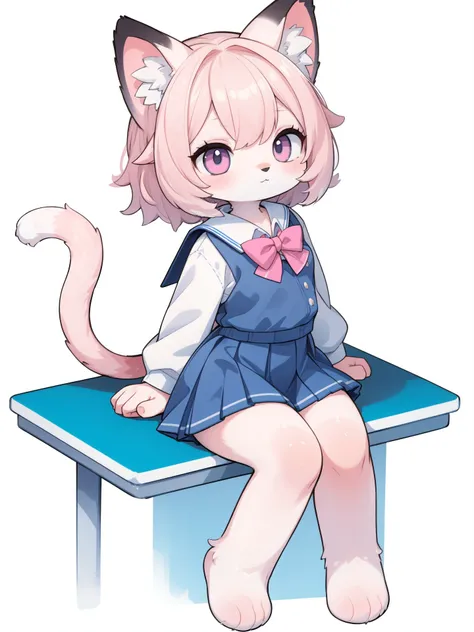 furry pink cat female,(school uniform:1.2),wide hips,white fur body,simple background,full body,cat tail,sitting,