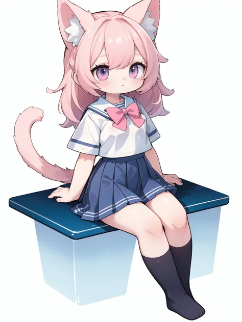 1girl, pink hair,(school uniform:1.2),wide hips,white fur body,simple background,full body,cat tail,sitting,