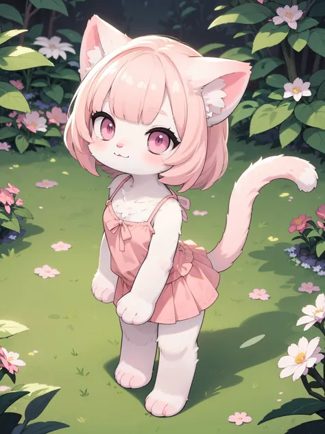 (slightly above:1.2),looking at viewer,smile,in garden,standing,depth of field,
(furry cat girl:1.2),(furry female:1),body fur,blunt bangs,pink hair,pink eyes,pink cat ears,camisole,short skirt,pink skin,cat tail,
full body,