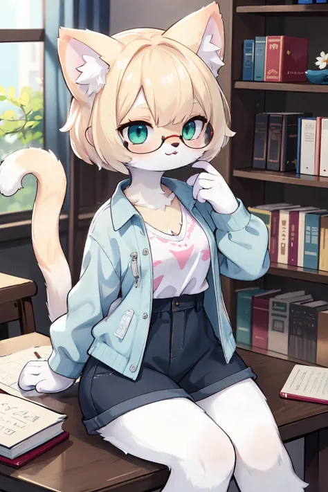 ((masterpiece, best quality)), (furry female, furry cat girl:1.3), (tail), animal ears,
1girl, blonde_hair, book, bookshelf, face, glasses, green_eyes, light, open_clothes, open_shirt, shirt, short_hair, sitting, solo,