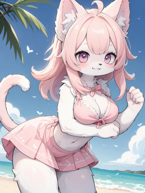 deformed anime style,dark fantasy background,
cowboy shot,knees up body,in beach,leaning forward,looking at viewer,grin,smile,
(furry female, furry cat girl:1.3),pink animal ears,pink eyes,(cat tail:1.3),hands,legs,
hime cut bangs,messy hair,light pink hair,ahoge,
pink and white dress,breast,navel,thigh,