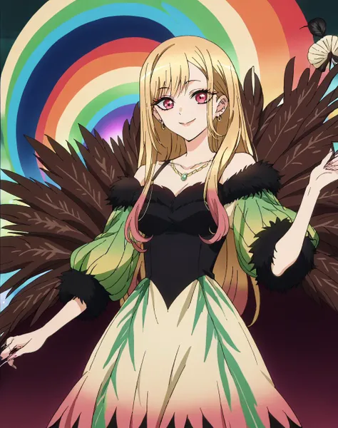score_9, score_8_up, score_7_up, score_6_up, score_5_up, score_4_up, BREAK ,cowboy shot,1girl,solo,smile,source_anime,anime screencap,sexy pose,looking at viewer,
<lora:SonoBisqueDoll_KitagawaMarinXL:1>KitagawaMarin,multicolored hair, blonde hair, long hair, magenta eyes, ear piercing, earrings, pink nails, makeup
edgPlume, a woman in a colorful dress with feathers ,wearing edgPlume_(feather robe)
<lora:edgPlumePonyv1:0.85>