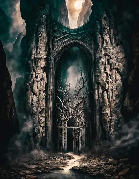 surreal painting featuring a massive, gothic gate looming ominously, seemingly carved directly into a sheer cliff face, ethereal, otherworldly light seeps from the countless cracks and crevices, casting an eerie glow upon the desolate landscape of jagged rocks and bleak skies that surround it, dark, gothic, fantastical, symbolic, disturbing, intricate, highly detailed, moody lighting, complex textures, organic forms intertwined with mechanical elements, <lora:marcxl:0.8>