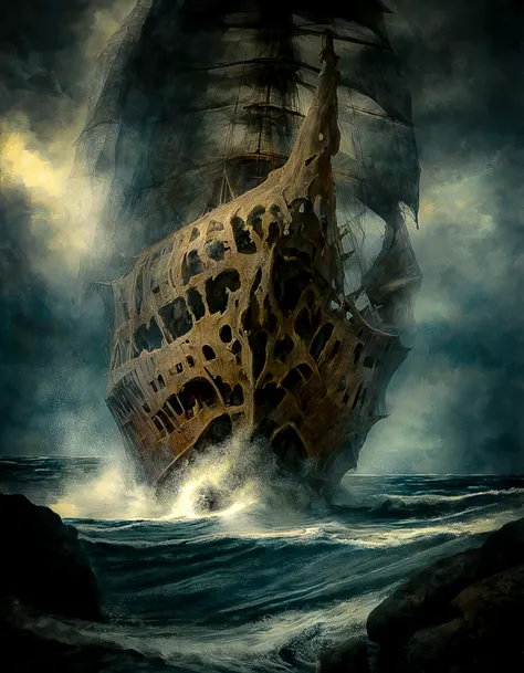 surreal painting featuring a massive ghost ship, its hull decayed and weather-beaten, stranded on a dark, rocky coastline, a stormy sky looms overhead, casting the scene in an ominous light, the rough texture of the dry brush style adds to the weather-beaten, forsaken nature of the ship and its desolate surroundings, <lora:marcxl:1>, dark, gothic, fantastical, symbolic, disturbing, intricate, highly detailed, moody lighting, complex textures, organic forms intertwined with mechanical elements