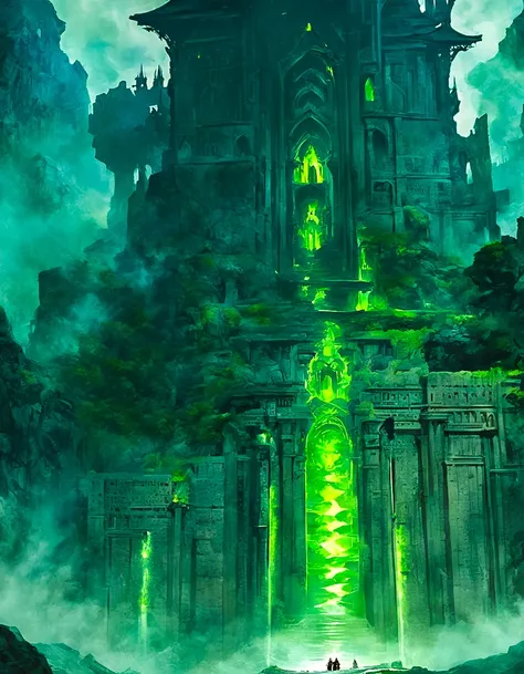 concept art an imposing fortress, its towering stone walls stained by the blood and grime of countless battles, its ominous gates swing open, revealing a spectral army, the fallen warriors summoned back to the mortal plane, their ethereal swords gleaming menacingly, the dry brush technique vividly portrays the ghostly hues and haunting atmosphere, <lora:marcxl:1> . digital artwork, illustrative, painterly, matte painting, highly detailed