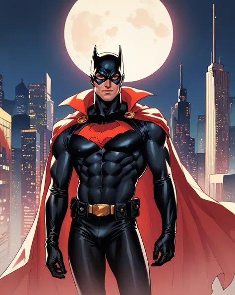 score_9, score_8_up, score_7_up, score_6_up, source_cartoon, source_western, AdamHughesStyle, 1boy, the Batman, cowl, cape draped over body, muscular male,black bodysuit, night, retro futuristic city<lora:AdamHughes_PDXL:0.95>