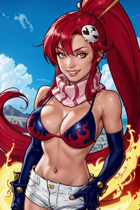 <lora:AdamHughesStyleV5:1> <lora:YokoLi:0.75> , 1girl, bikini, breasts, gloves, flame print, hair ornament, long hair, ponytail, red hair, scarf, shorts, smile, yellow eyes, yoko littner, yokoli, best quality, masterpiece, sky,