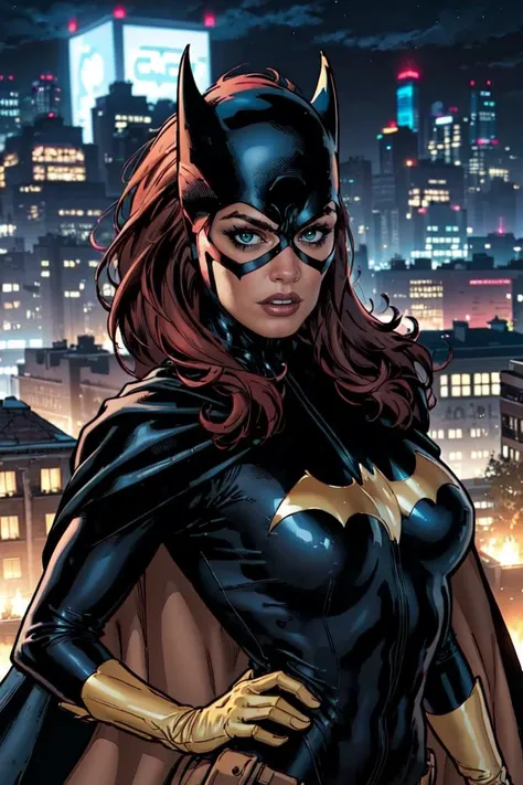 <lora:AdamHughesStyleV7:0.95> building tops, night time, brooding, looking at viewer , pretty face <lora:Batgirl:0.85> portrait of batgirl, mask, black bodysuit, cape, superhero, skin tight, red hair, gloves