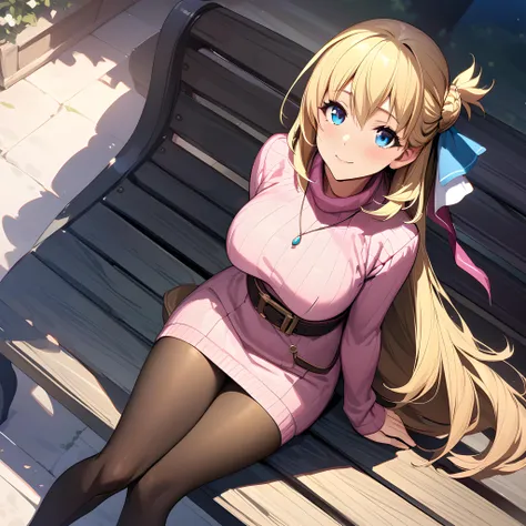 (masterpiece),(best quality),(ultra-detailed),(best illustration),(best shadow),(absurdres),(detailed background),(very aesthetic),agnes claudel, blonde hair, long hair, low-tied long hair, hair ribbon, blue eyes, large breasts, pink turtleneck dress, necklace, pantyhose, brown thigh boots, sitting on bench<lora:XL-AgnesClaudelv1:1>