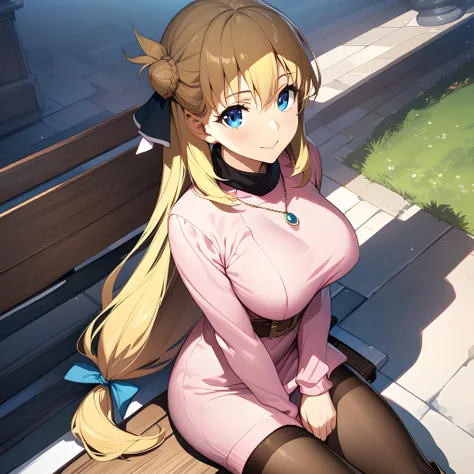 (masterpiece),(best quality),(ultra-detailed),(best illustration),(best shadow),(absurdres),(detailed background),(very aesthetic),agnes claudel, blonde hair, long hair, low-tied long hair, hair ribbon, blue eyes, large breasts, pink turtleneck dress, necklace, pantyhose, brown thigh boots, sitting on bench<lora:XL-AgnesClaudelv1:1>