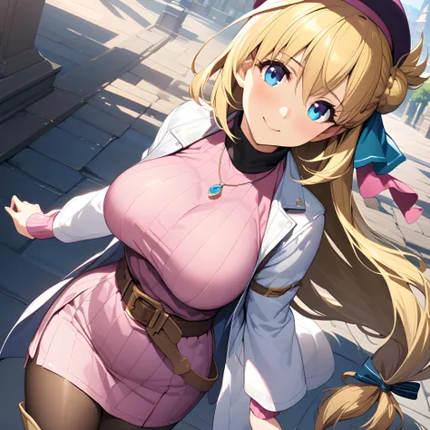 (masterpiece),(best quality),(ultra-detailed),(best illustration),(best shadow),(absurdres),(detailed background),(very aesthetic),agnes claudel, blonde hair, long hair, low-tied long hair, hair ribbon, blue eyes, large breasts, beret, white coat, pink turtleneck dress, necklace, belt, pink skirt, pantyhose, brown boots, thigh boots, <lora:XL-AgnesClaudelv1:1>