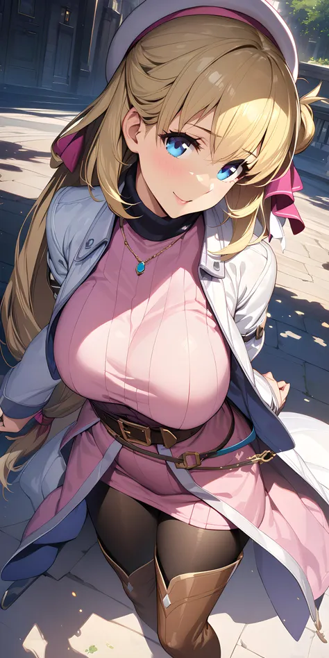 (masterpiece),(best quality),(ultra-detailed),(best illustration),(best shadow),(absurdres),(detailed background),(very aesthetic),agnes claudel, blonde hair, long hair, low-tied long hair, hair ribbon, blue eyes, large breasts, beret, white coat, pink turtleneck dress, necklace, belt, pink skirt, pantyhose, brown boots, thigh boots, <lora:XL-AgnesClaudelv1:1>