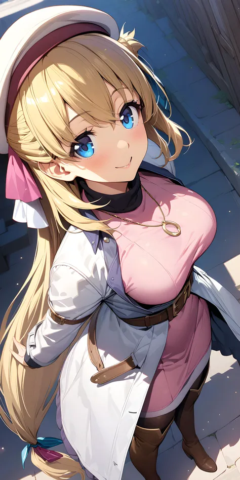 (masterpiece),(best quality),(ultra-detailed),(best illustration),(best shadow),(absurdres),(detailed background),(very aesthetic),agnes claudel, blonde hair, long hair, low-tied long hair, hair ribbon, blue eyes, large breasts, beret, white coat, pink turtleneck dress, necklace, belt, pink skirt, pantyhose, brown boots, thigh boots, <lora:XL-AgnesClaudelv1:1>