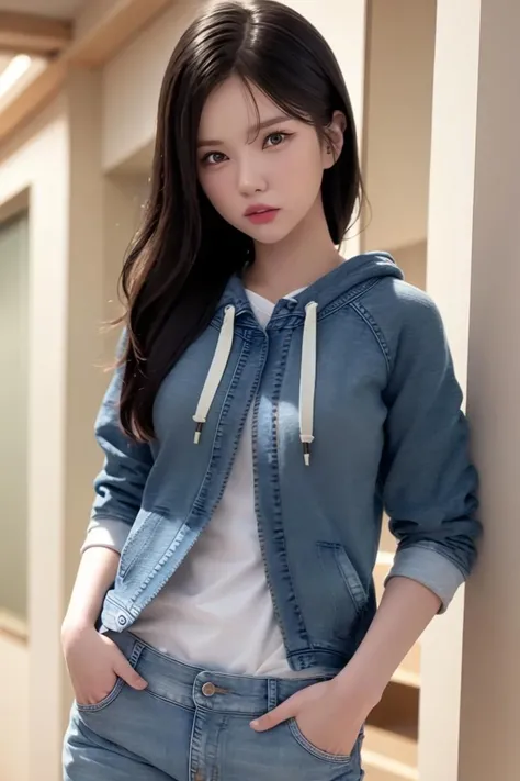 vivizeunha, woman, urban, streets, RAW,(8k, best quality, masterpiece:1.2),(intricate details:1.4),(photorealistic:1.4),octane render, complex 3d render ultra detailed, studio soft light, rim light, vibrant details, ultra detailed, realistic skin texture, detailed face, beautiful detailed eyes, extremely detailed CG unity 8k wallpaper, makeup, (detailed background:1.2), (cowboy shot:1.2),(hip),(perfect anatomy:1.2),(black hoodie, long jeans:1.2), <lora:vivizeunha-v1:1>