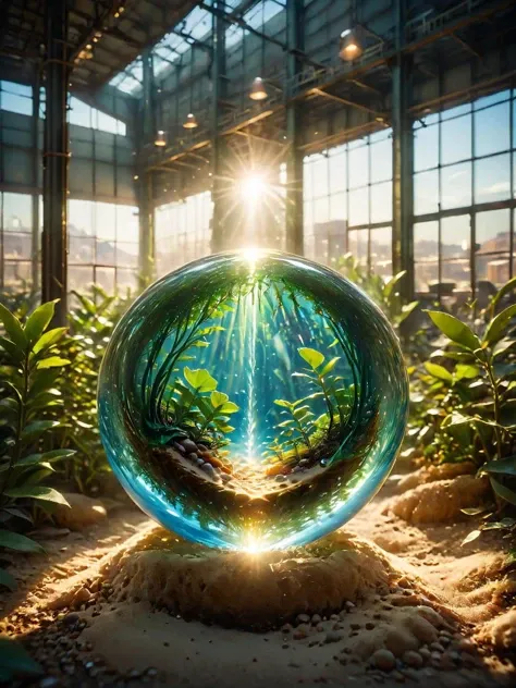A diamond-shaped glass filled with a vivid, desert oasis scene, located in a cold, industrial warehouse, contrasting the warmth and vitality of the oasis with the cool, stark industrial surroundings, featuring intricate details, soft colors, and natural light effects <lora:world_glass:1>, dynamic, cinematic, masterpiece, intricate, hdr,