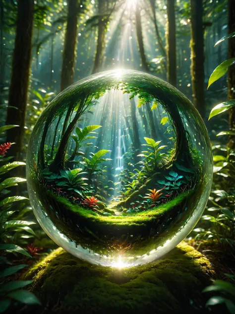 A glass sphere containing a vibrant, miniature tropical rainforest, set in a stark, snowy landscape, with a sharp contrast between the warm, lush biome and the cold, white surroundings, featuring ultra-detailed, photorealistic elements, soft natural lighting, and intricate details <lora:world_glass:1>, dynamic, cinematic, masterpiece, intricate, hdr,