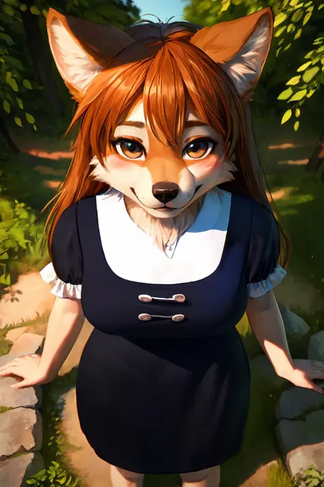 anthro wolf, fur trim, body fur, detailed fluffy fur, medium breasts, happy face, looking at viewer,
perfect hourglass body, (blush:1.2),
0v3ralldr3ss, shirt, dress, bow, short sleeves, puffy sleeves, black dress, puffy short sleeves, buttons, double-breasted, pinafore dress,
 (from above:1.5),
(detailed canadian forest:1.2),
(majestic:1.2), (photographic:1.2), (realistic:1.2), (photorealistic:1.2),(masterpiece:1.2), (highly detailed:1.2), (intricate:1.2), (best quality:1.2),(8k:1.2), cinematic light, vivid colors
 <lora:0v3ralldr3ss:1>