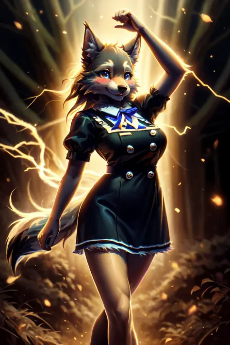 anthro wolf, fur trim, body fur, detailed fluffy fur, medium breasts, happy face, dancing,
perfect hourglass body, (blush:1.2),
0v3ralldr3ss, shirt, dress, bow, short sleeves, puffy sleeves, black dress, puffy short sleeves, buttons, double-breasted, pinafore dress,
lightning ral-elctryzt,
(detailed canadian forest:1.2),
(majestic:1.2), (photographic:1.2), (realistic:1.2), (photorealistic:1.2),(masterpiece:1.2), (highly detailed:1.2), (intricate:1.2), (best quality:1.2),(8k:1.2), cinematic light, vivid colors
 <lora:0v3ralldr3ss:1>  <lora:ral-elctryzt:1>