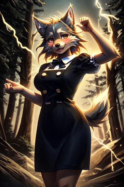 anthro wolf, fur trim, body fur, detailed fluffy fur, medium breasts, happy face, dancing,
perfect hourglass body, (blush:1.2),
0v3ralldr3ss, shirt, dress, bow, short sleeves, puffy sleeves, black dress, puffy short sleeves, buttons, double-breasted, pinafore dress,
lightning ral-elctryzt,
(detailed canadian forest:1.2),
(majestic:1.2), (photographic:1.2), (realistic:1.2), (photorealistic:1.2),(masterpiece:1.2), (highly detailed:1.2), (intricate:1.2), (best quality:1.2),(8k:1.2), cinematic light, vivid colors
 <lora:0v3ralldr3ss:1>  <lora:ral-elctryzt:1>