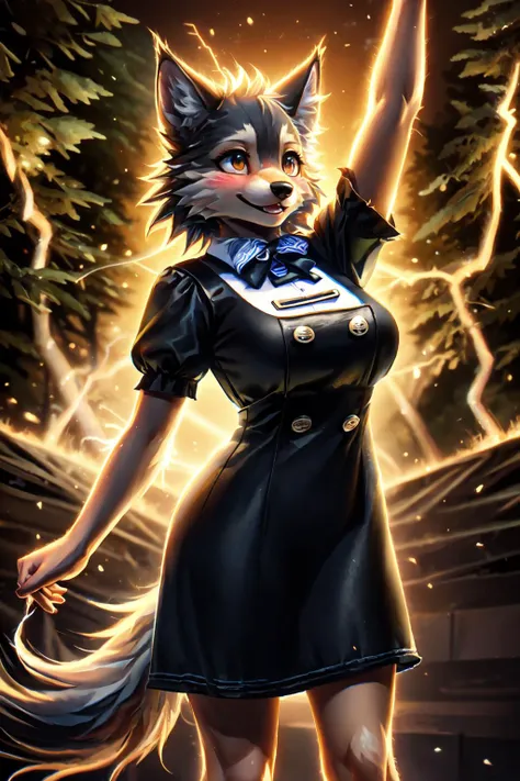 anthro wolf, fur trim, body fur, detailed fluffy fur, medium breasts, happy face, dancing,
perfect hourglass body, (blush:1.2),
0v3ralldr3ss, shirt, dress, bow, short sleeves, puffy sleeves, black dress, puffy short sleeves, buttons, double-breasted, pinafore dress,
lightning ral-elctryzt,
(detailed canadian forest:1.2),
(majestic:1.2), (photographic:1.2), (realistic:1.2), (photorealistic:1.2),(masterpiece:1.2), (highly detailed:1.2), (intricate:1.2), (best quality:1.2),(8k:1.2), cinematic light, vivid colors
 <lora:0v3ralldr3ss:1>  <lora:ral-elctryzt:1>