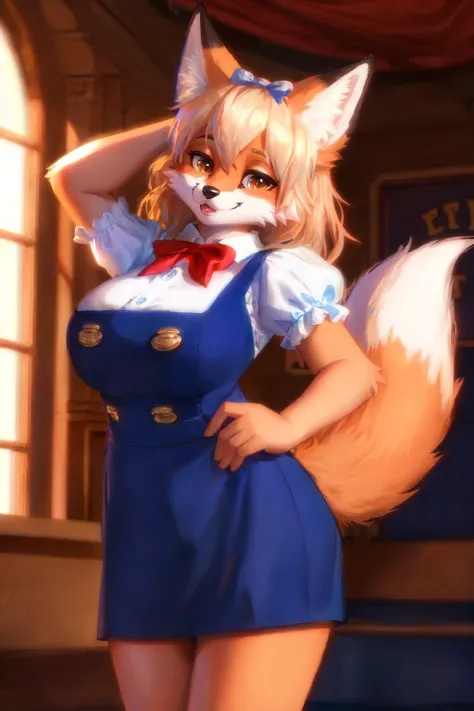 (anthro fox  :1.2), <lora:0v3ralldr3ss:1> 0v3ralldr3ss, red  shirt, blue  pinafore dress, bow,  puffy sleeves, buttons, double-breasted,
seductive pose,
(masterpiece:1.2), (best quality:1.2), (intricate:1.2), (highly detailed:1.2), (sharp:1.2), (8k:1.2),
cinematic light, vivid colors