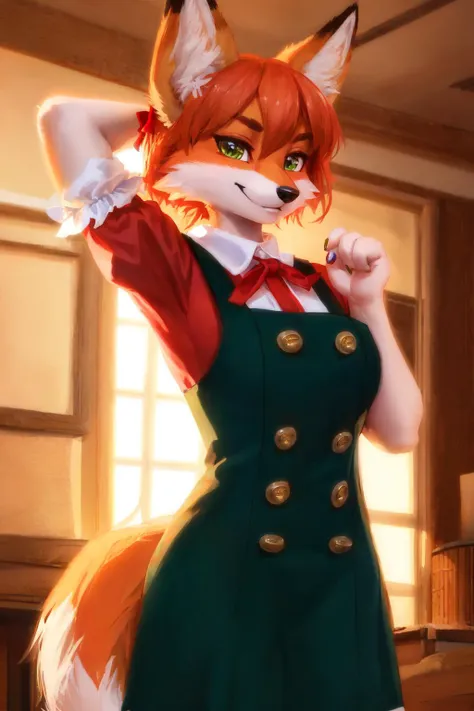 (anthro fox  :1.2), <lora:0v3ralldr3ss:1> 0v3ralldr3ss, red  shirt, green  pinafore dress, bow,  puffy sleeves, buttons, double-breasted,
seductive pose,
(masterpiece:1.2), (best quality:1.2), (intricate:1.2), (highly detailed:1.2), (sharp:1.2), (8k:1.2),
cinematic light, vivid colors