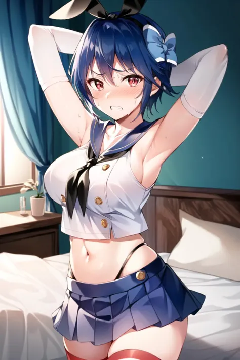 (extremely detailed CG unity 8k wallpaper), (masterpiece), (best quality), (ultra-detailed), (best illustration), (best shadow), (absurdres), 1girl, solo, looking at viewer, scowl, blush, sweat, tsugumi seishirou, large breasts, hair bow, (arms crossed, arms under breasts), indoor, bedroom, on bed<lora:tsugumiSeishirou_v10:0.8> <lora:shimakazeCosplayOutfit_v10:0.6> shimacos, crop top, microskirt, thighhighs, elbow gloves, clenched teeth