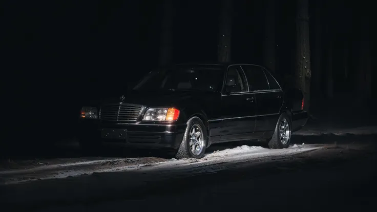 <lora:w140Mercedes-Benz:0.7> w140, Mercedes-Benz, deep night, forest, snowy, by Paul Zizka <lora:LowRA:0.8>