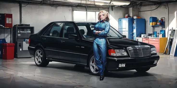 a girl, angry look, blond hair, huge breasts, car mechanic, blue boilersuit, large pockets, full body, black shoes, wrench <lora:w140Mercedes-Benz:0.5> w140, Mercedes-Benz, garage interier