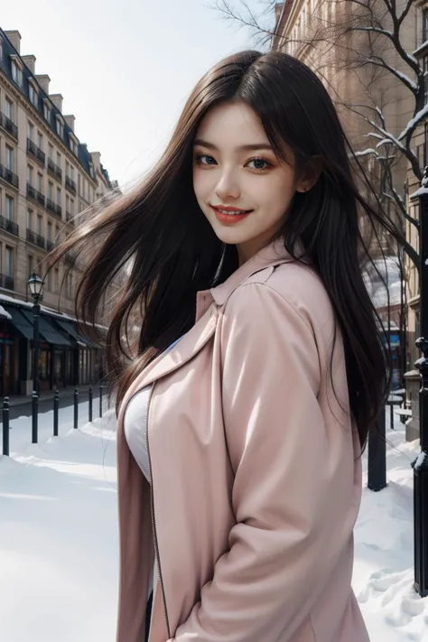 <lora:Hanna-000002:0.4>,<lora:add_detail:0.4>,
1girl,very big breasts, black hair, open shirt, BREAK pink wind coat, happy face, verry long hair, flying hair, snow, winter, in Paris , (bokeh background:1.2),, masterpiece,ultra realistic,32k,extremely detailed CG unity 8k wallpaper, best quality