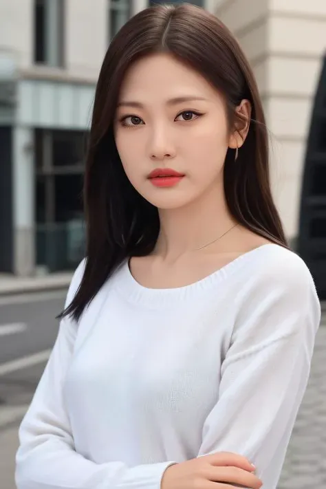 best quality, masterpiece, ultra high res, (photorealistic:1.4), ning1 a woman, light eye makeup, looking at the viewer, upper body photo, black longsleeves, at the streets, <lora:httpningning:1:lbw=FACES>