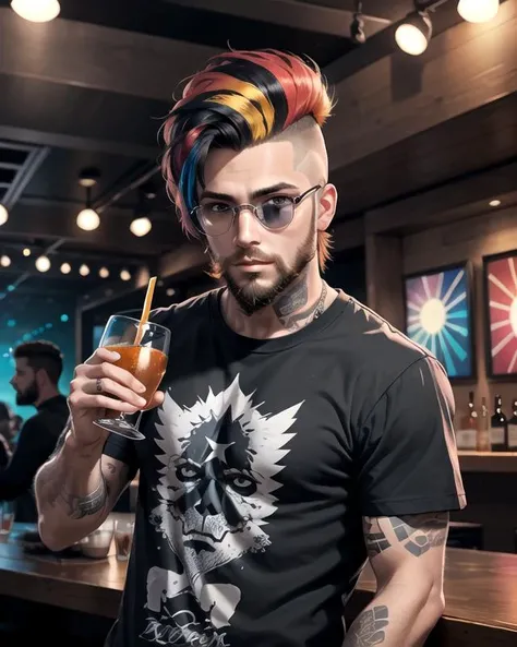 original-art, lineart, FreakShow, male, beard, shirt, drinking in a nightclub, dynamic lighting, fine-details, detailed face, (detailed eyes:1.1), masterpiece, clear, in-focu-00s, clean lines, (clear in focus eyes:1.1), looking at viewer,  <lora:FreakShowPunkV2:0.8>