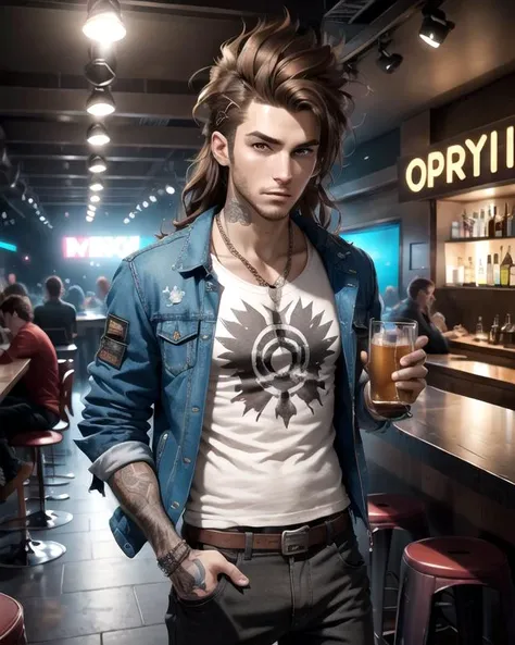 original-art, lineart, FreakShow, male, brown hair, brown eyes, long hair, mullet, pants, shirt, jacket, drinking in a nightclub, dynamic lighting, fine-details, detailed face, (detailed eyes:1.1), masterpiece, clear, in-focus, clean lines, (clear in focus eyes:1.1), looking at viewer, <lora:FreakShowPunkV2:0.9>